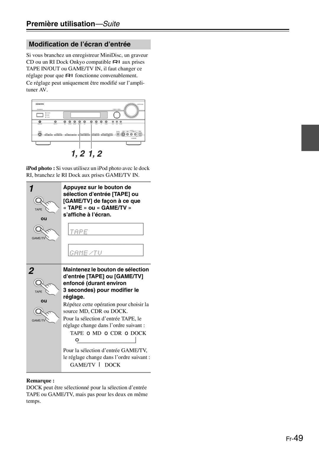 Onkyo TX-SR705 manual Modification de l’écran d’entrée, Remarque 