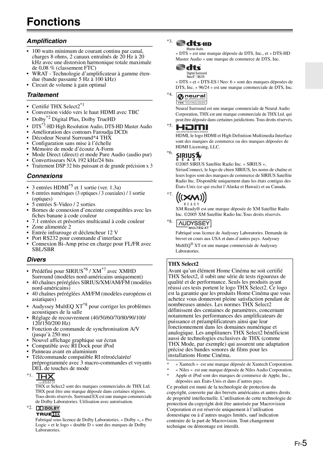 Onkyo TX-SR705 manual Fonctions, Amplification, Traitement, Connexions, Divers 