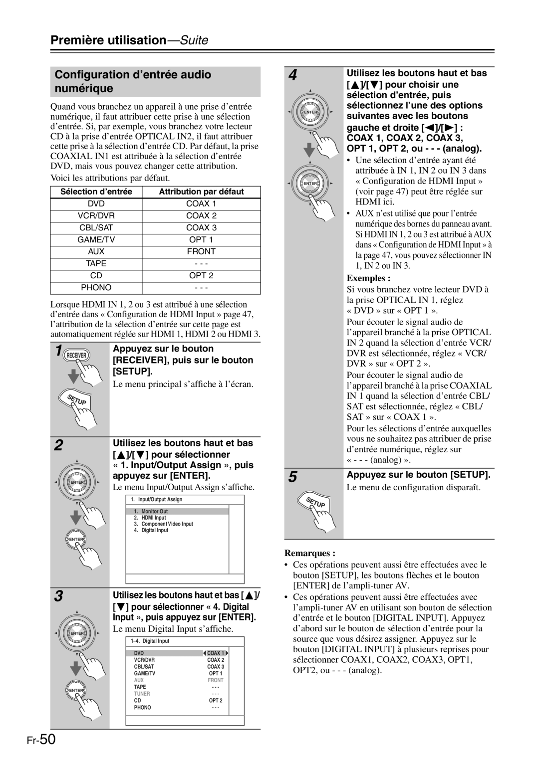 Onkyo TX-SR705 manual Configuration d’entrée audio numérique, Voici les attributions par défaut, Exemples, « - analog » 