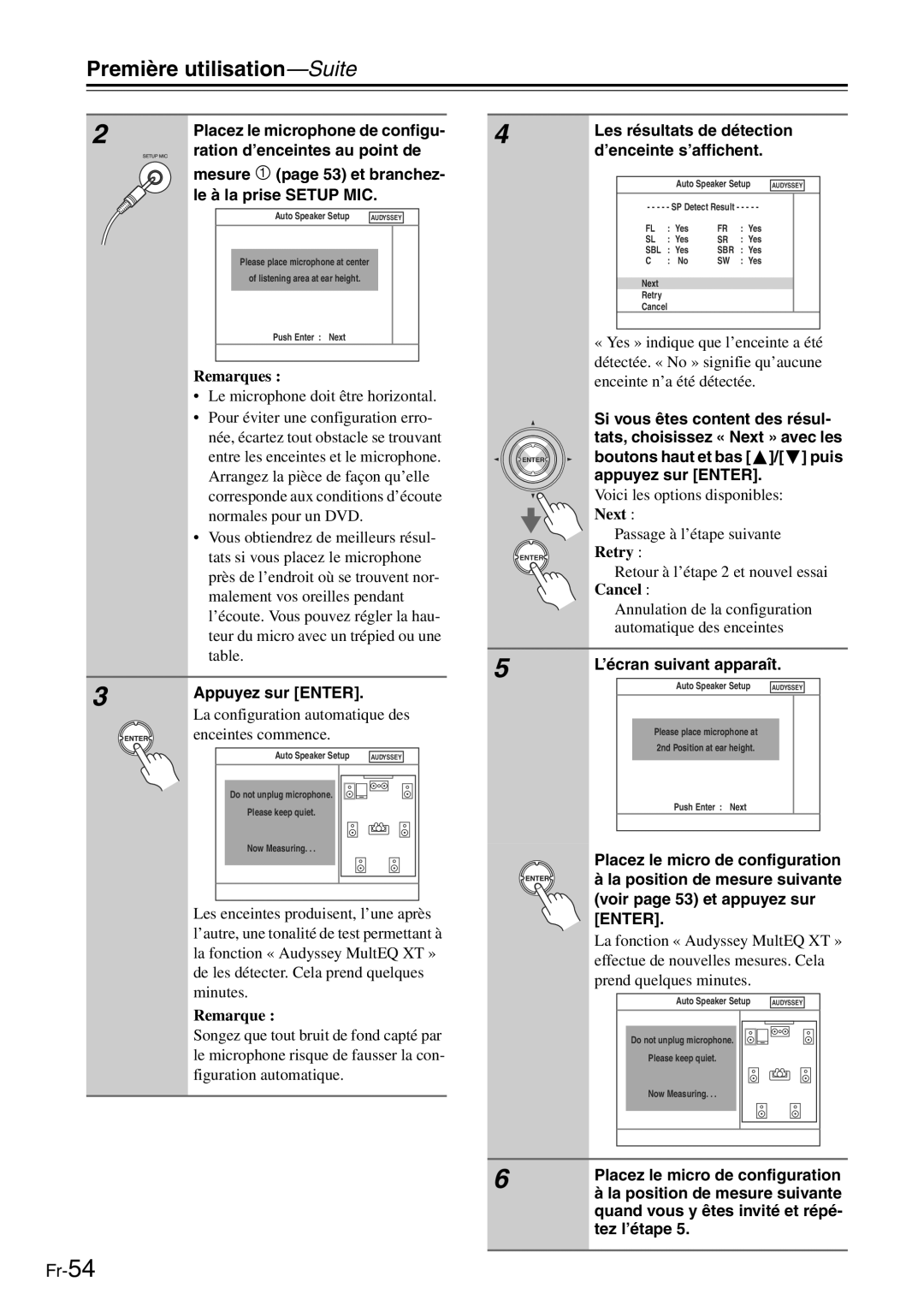 Onkyo TX-SR705 manual Appuyez sur Enter, Les résultats de détection d’enceinte s’affichent, Boutons haut et bas / puis 