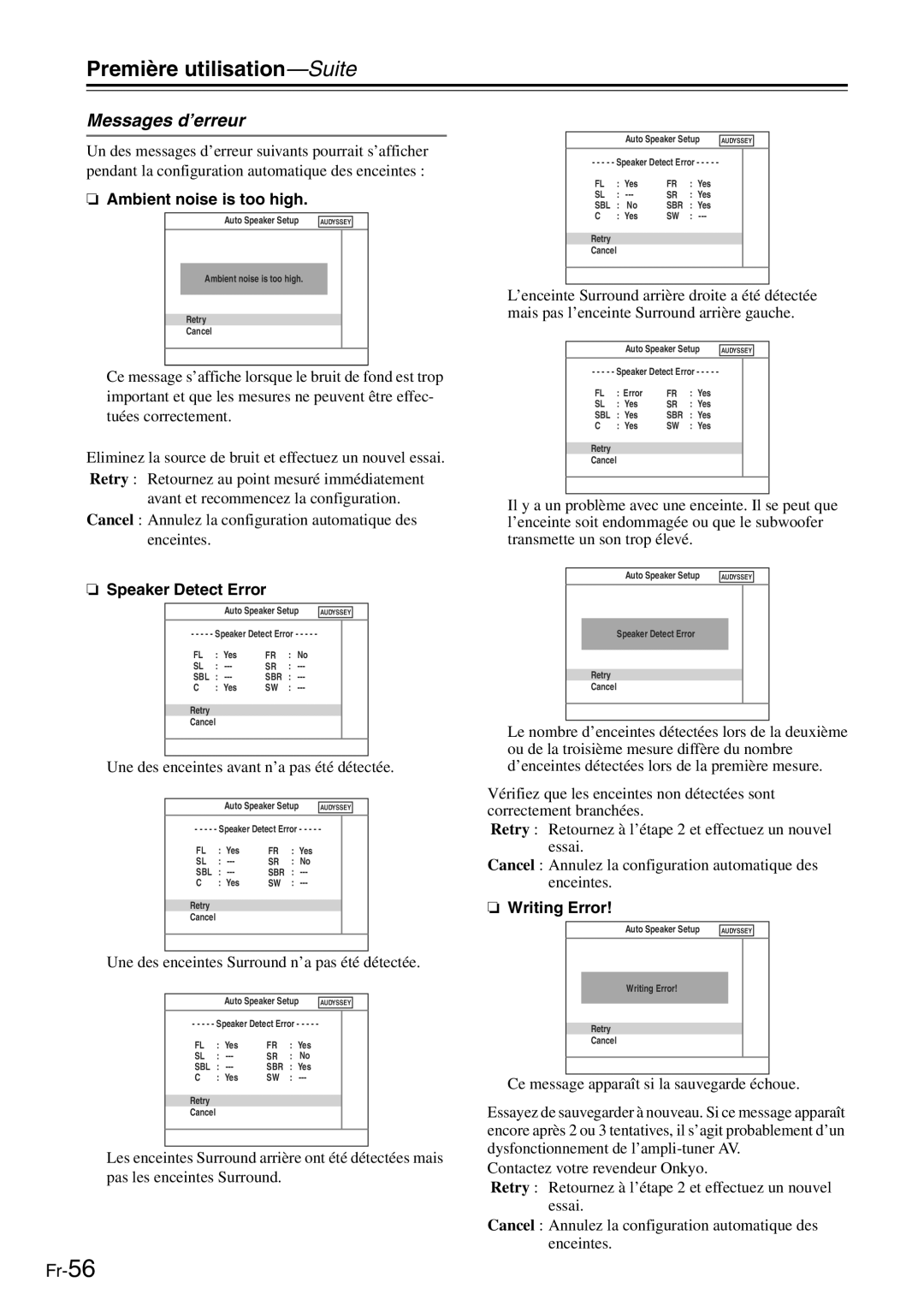 Onkyo TX-SR705 manual Messages d’erreur, Ambient noise is too high, Speaker Detect Error, Writing Error 