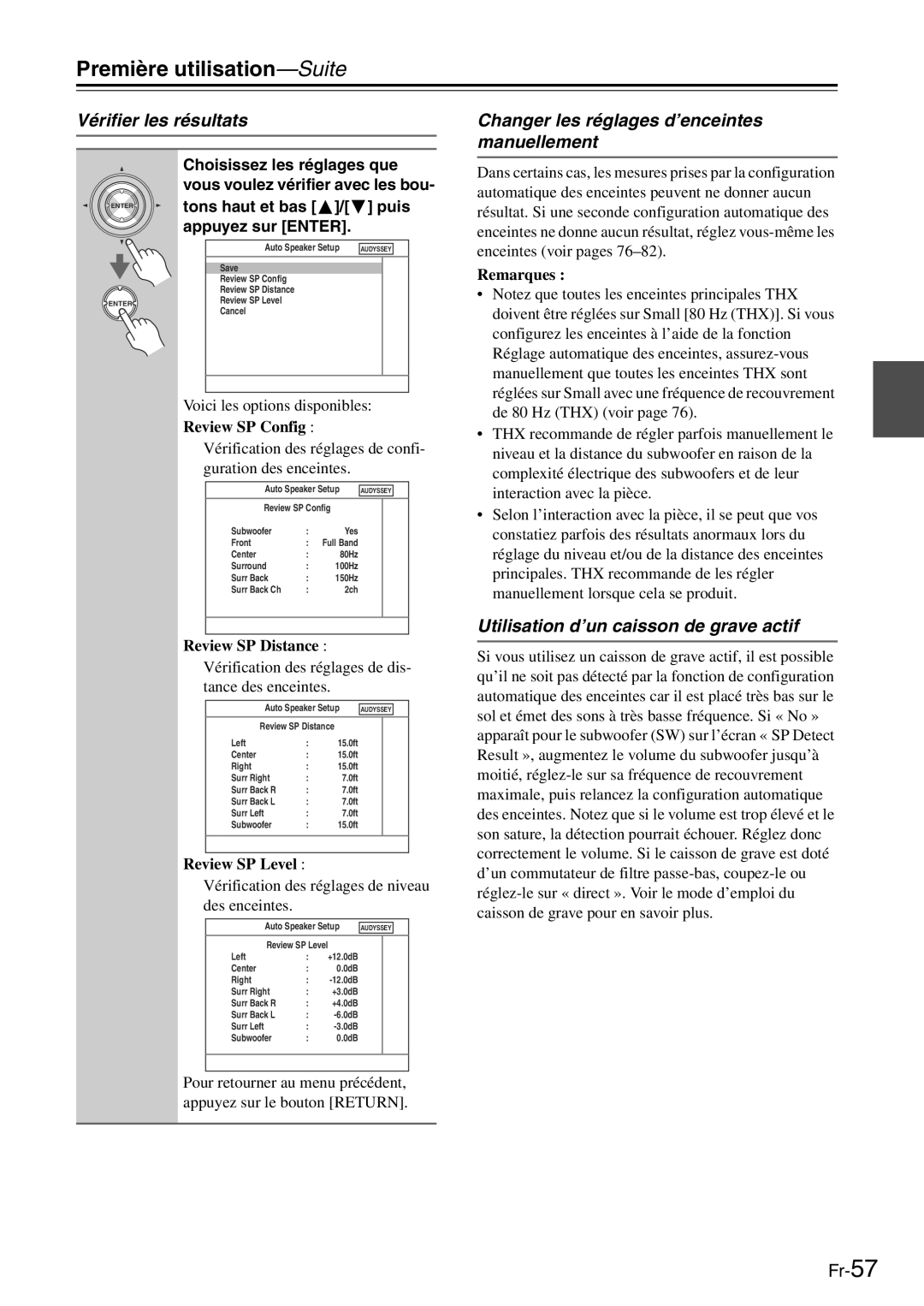 Onkyo TX-SR705 manual Vérifier les résultats, Changer les réglages d’enceintes manuellement, Review SP Distance 