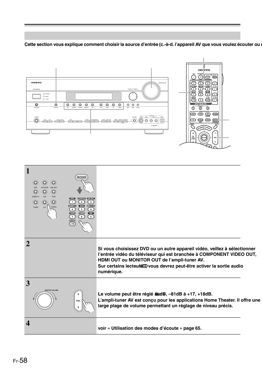 Onkyo TX-SR705 manual Opérations de base, Choix de la source d’entrée 