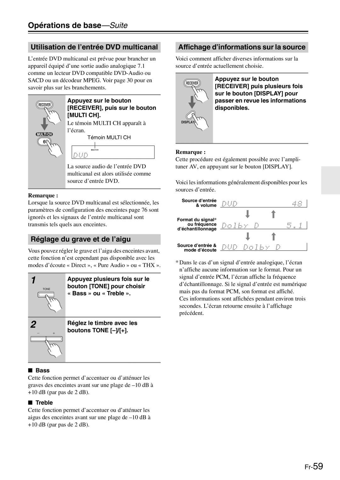 Onkyo TX-SR705 manual Opérations de base-Suite, Utilisation de l’entrée DVD multicanal, Réglage du grave et de l’aigu 