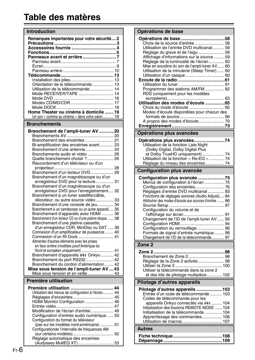 Onkyo TX-SR705 manual Table des matères 