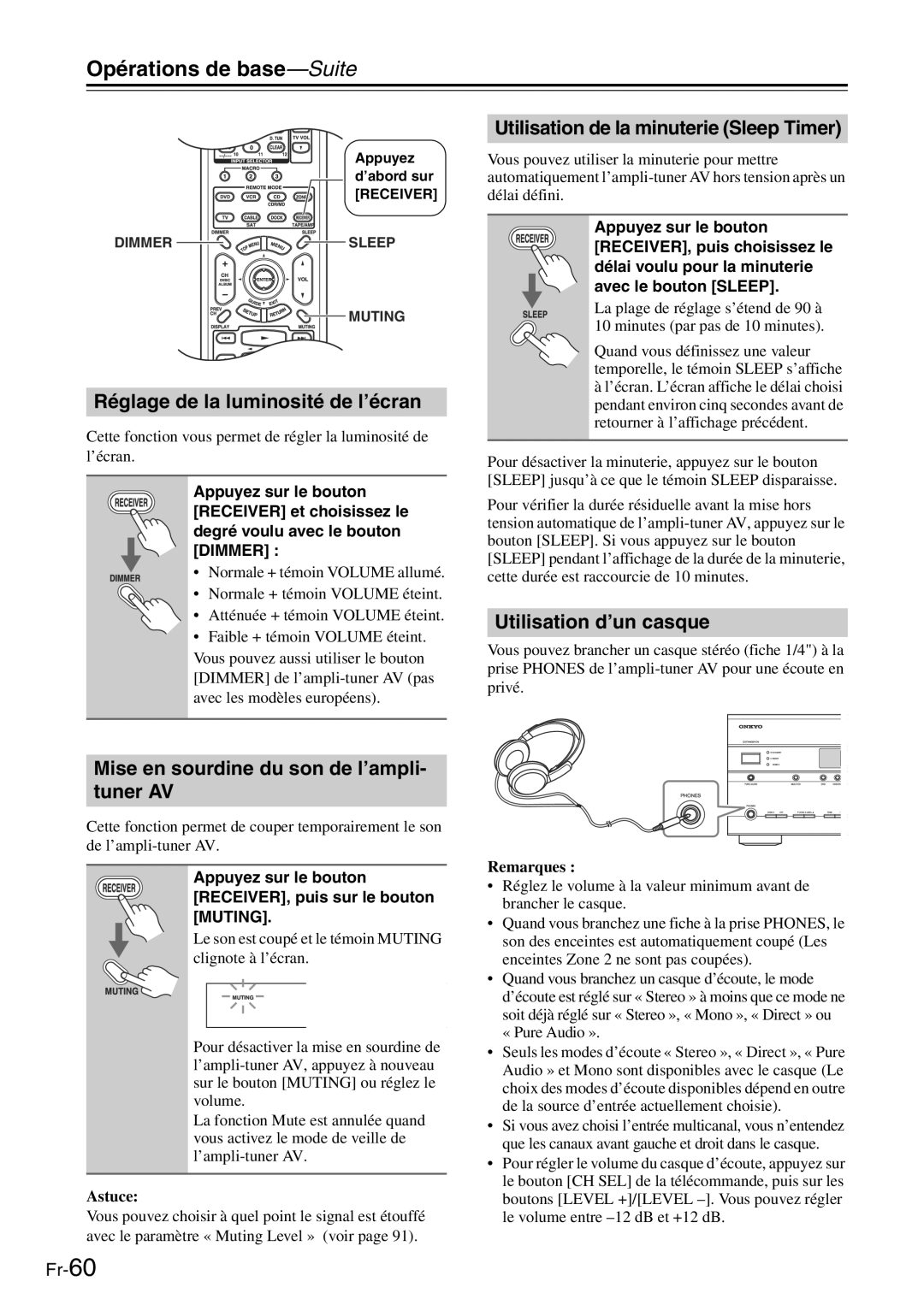 Onkyo TX-SR705 manual Réglage de la luminosité de l’écran, Utilisation de la minuterie Sleep Timer, Utilisation d’un casque 