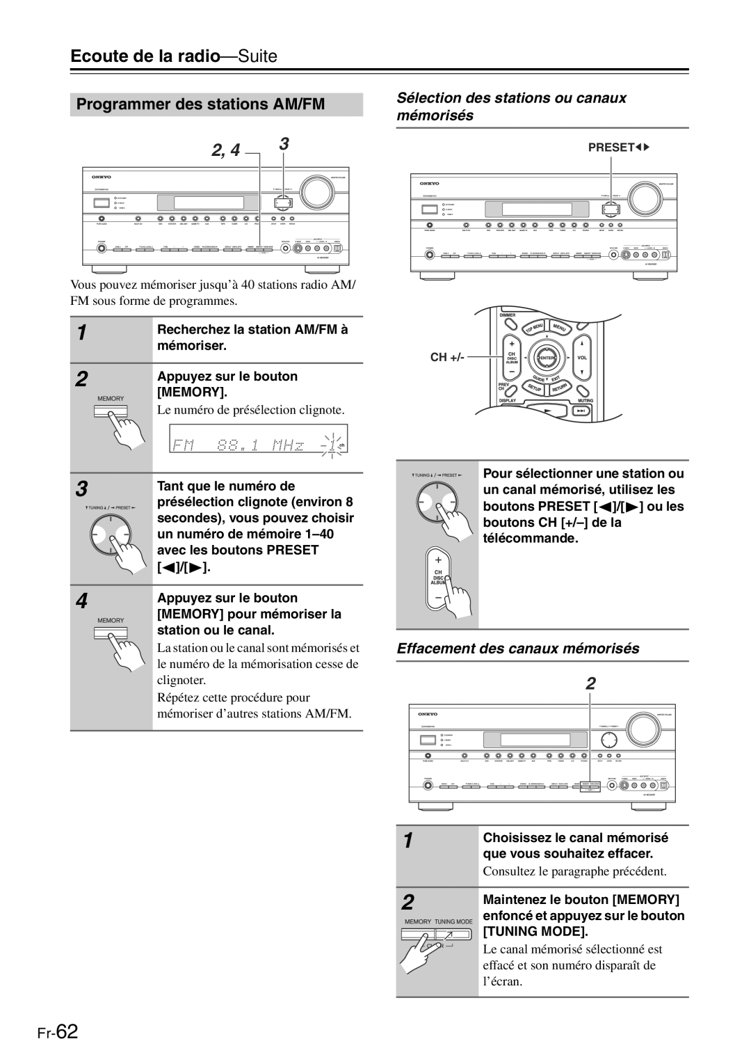 Onkyo TX-SR705 manual Ecoute de la radio-Suite, Programmer des stations AM/FM, Sélection des stations ou canaux mémorisés 