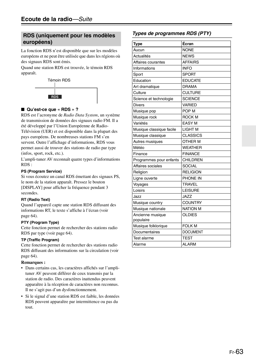 Onkyo TX-SR705 manual RDS uniquement pour les modèles européens, Types de programmes RDS PTY, Qu’est-ce que « RDS » ? 