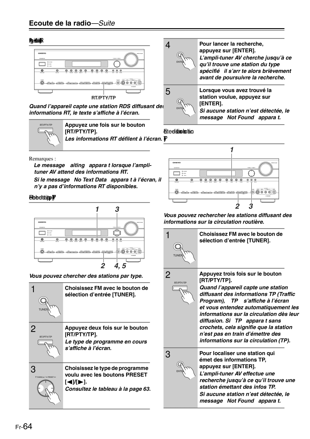 Onkyo TX-SR705 manual Affichage d’informations radio RT, Recherche de stations par type PTY 