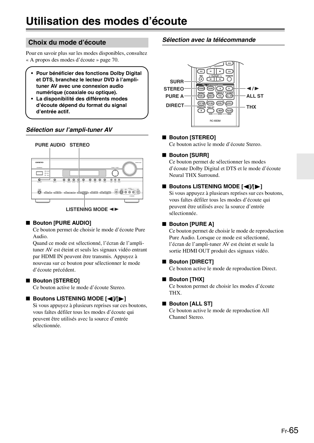 Onkyo TX-SR705 manual Utilisation des modes d’écoute, Choix du mode d’écoute, Sélection avec la télécommande 