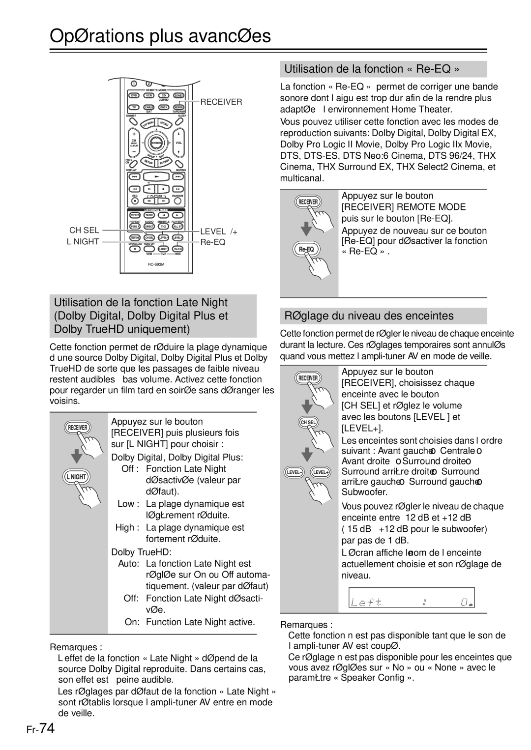 Onkyo TX-SR705 manual Opérations plus avancées, Utilisation de la fonction « Re-EQ », Réglage du niveau des enceintes 