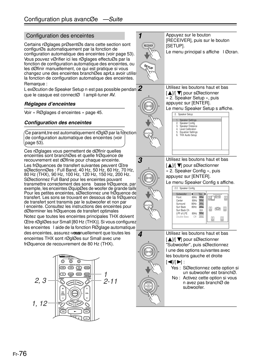 Onkyo TX-SR705 manual Configuration plus avancée-Suite, Configuration des enceintes, Réglages d’enceintes 