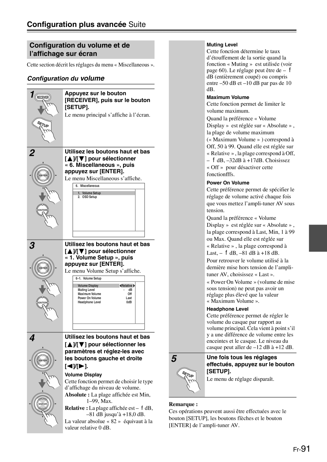 Onkyo TX-SR705 manual Configuration du volume et de l’affichage sur écran 