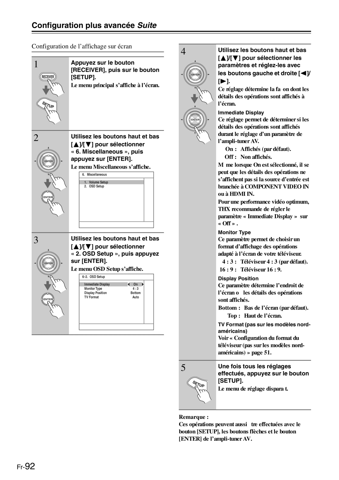 Onkyo TX-SR705 manual Configuration de l’affichage sur écran, Immediate Display, Monitor Type, Display Position 