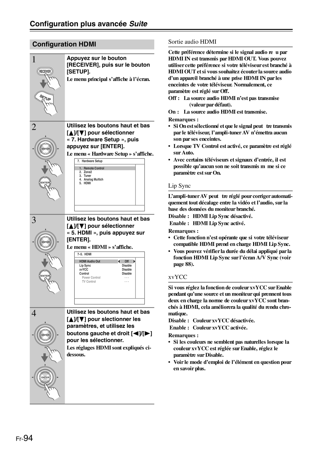 Onkyo TX-SR705 manual Configuration Hdmi, Sortie audio Hdmi, Lip Sync, XvYCC, Pour les sélectionner 