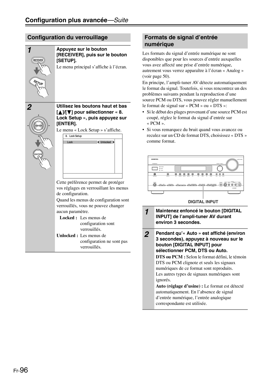 Onkyo TX-SR705 manual Configuration du verrouillage, Formats de signal d’entrée numérique 