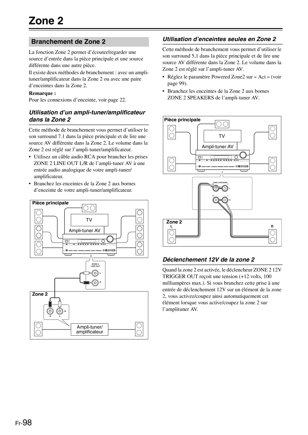 Onkyo TX-SR705 manual Branchement de Zone, Utilisation d’un ampli-tuner/amplificateur dans la Zone 