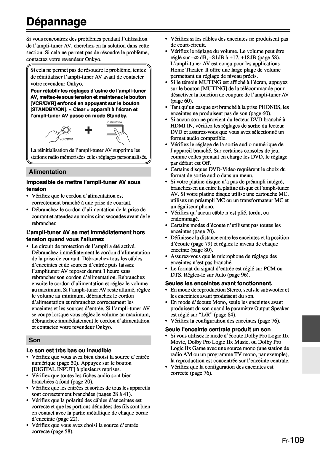 Onkyo TX-SR705 manual Dépannage, Alimentation, Fr-109 