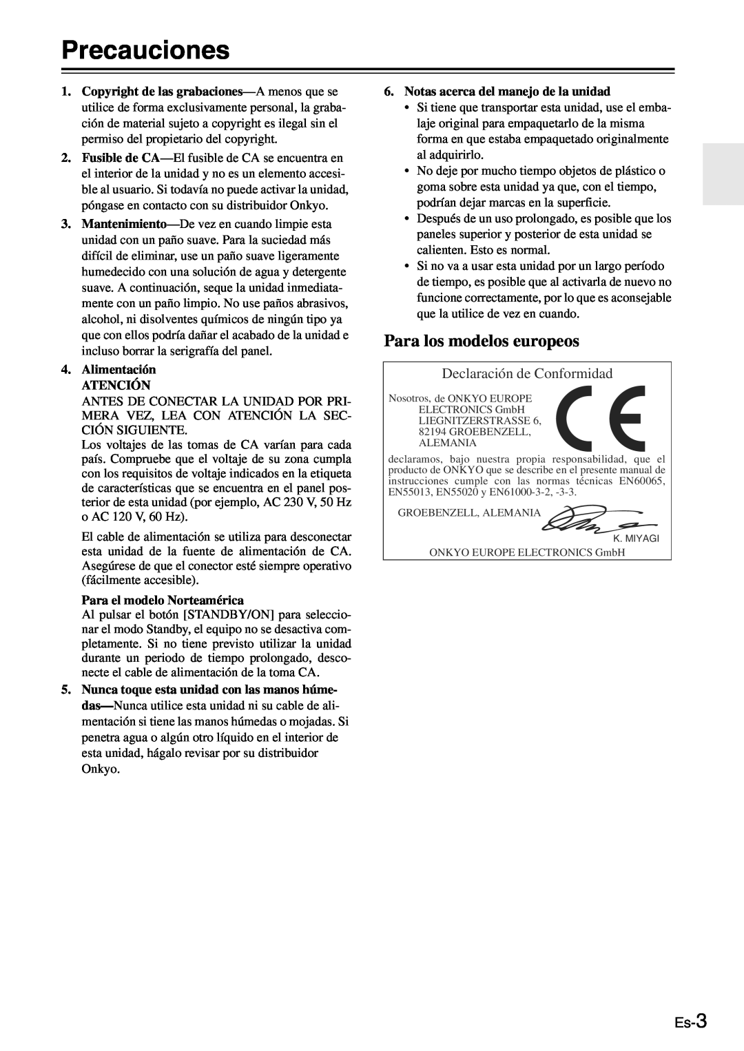 Onkyo TX-SR705 manual Precauciones, Para los modelos europeos, Declaración de Conformidad, Es-3, Alimentación ATENCIÓN 