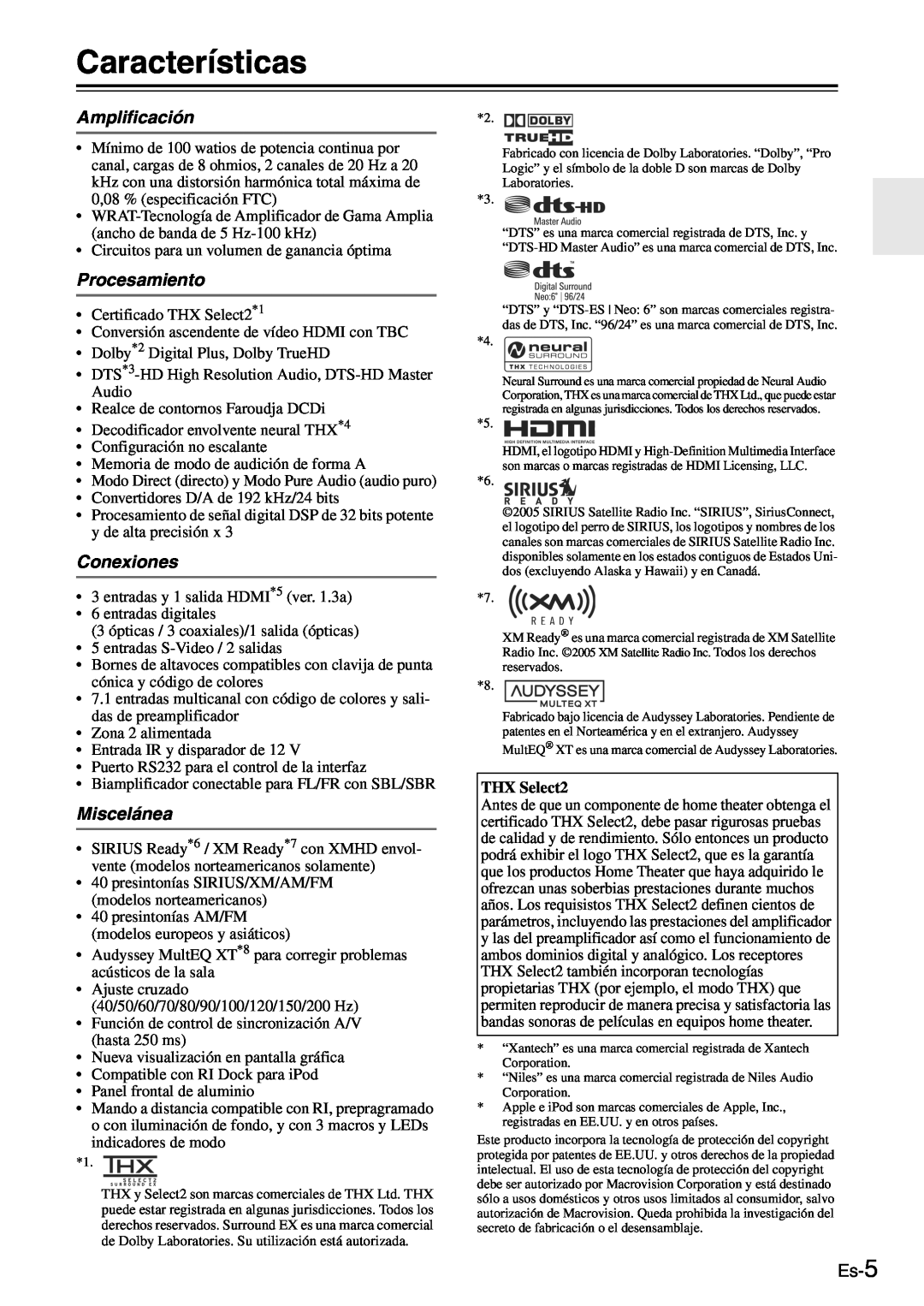 Onkyo TX-SR705 manual Características, Amplificación, Procesamiento, Conexiones, Miscelánea, Es-5, THX Select2 