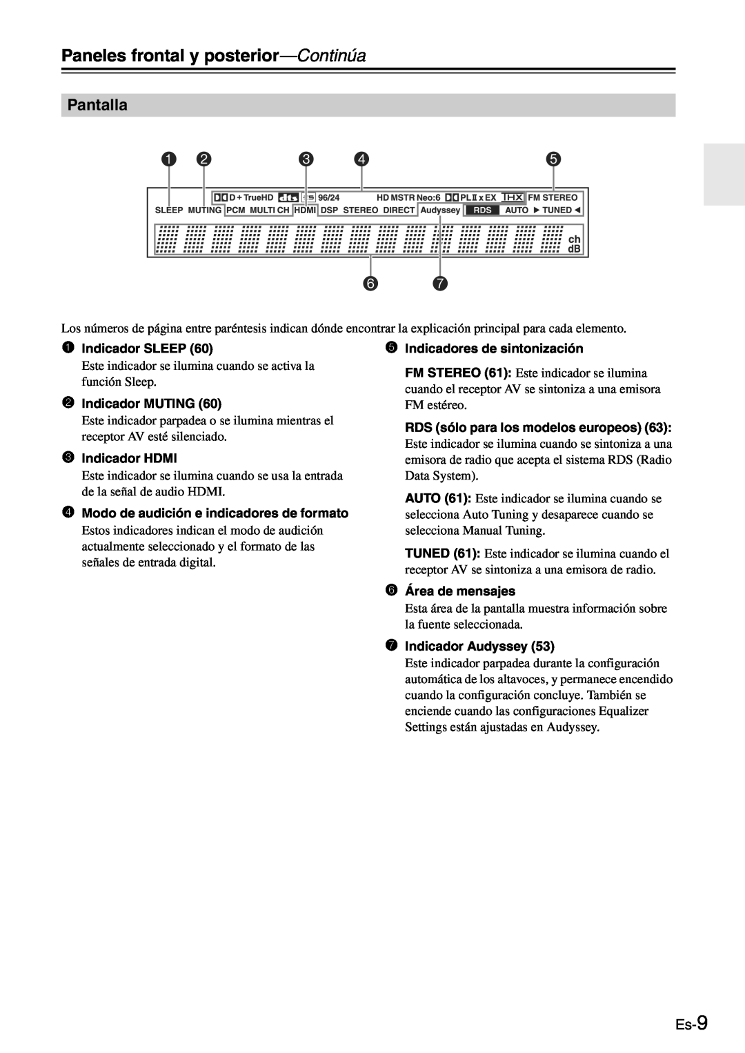 Onkyo TX-SR705 manual Pantalla, Es-9, Paneles frontal y posterior—Continúa 