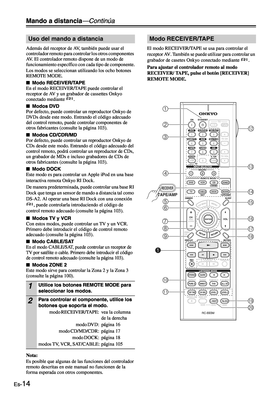 Onkyo TX-SR705 manual Mando a distancia—Continúa, Uso del mando a distancia, Modo RECEIVER/TAPE 