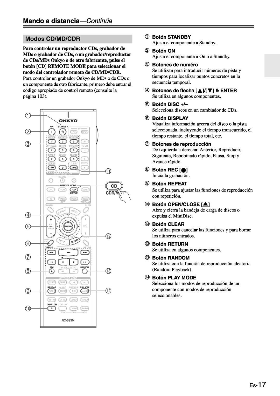 Onkyo TX-SR705 manual Modos CD/MD/CDR, Es-17 