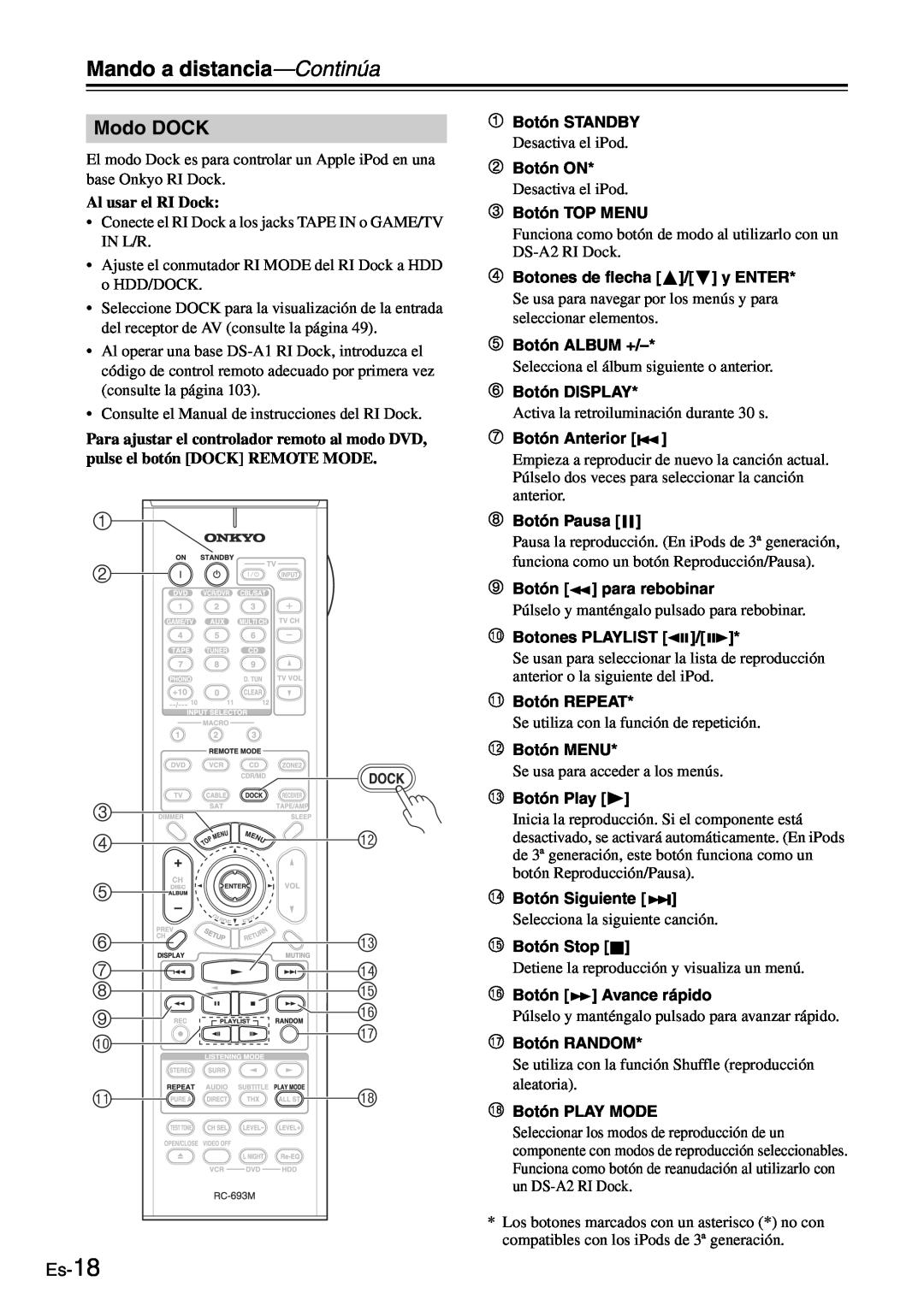 Onkyo TX-SR705 manual Modo DOCK, Es-18 