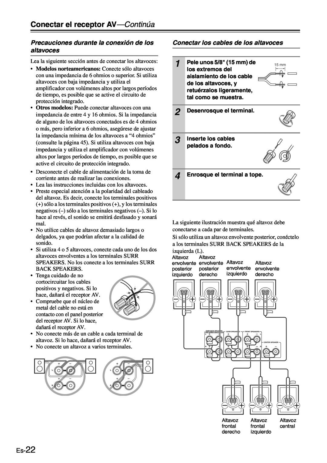 Onkyo TX-SR705 manual Precauciones durante la conexión de los altavoces, Conectar los cables de los altavoces, Es-22 