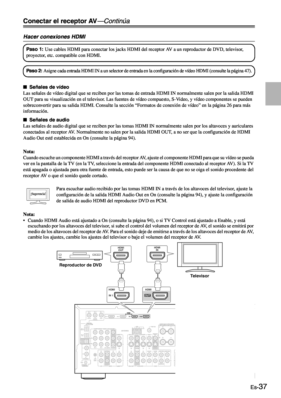 Onkyo TX-SR705 manual Hacer conexiones HDMI, Es-37, Conectar el receptor AV—Continúa, Nota 
