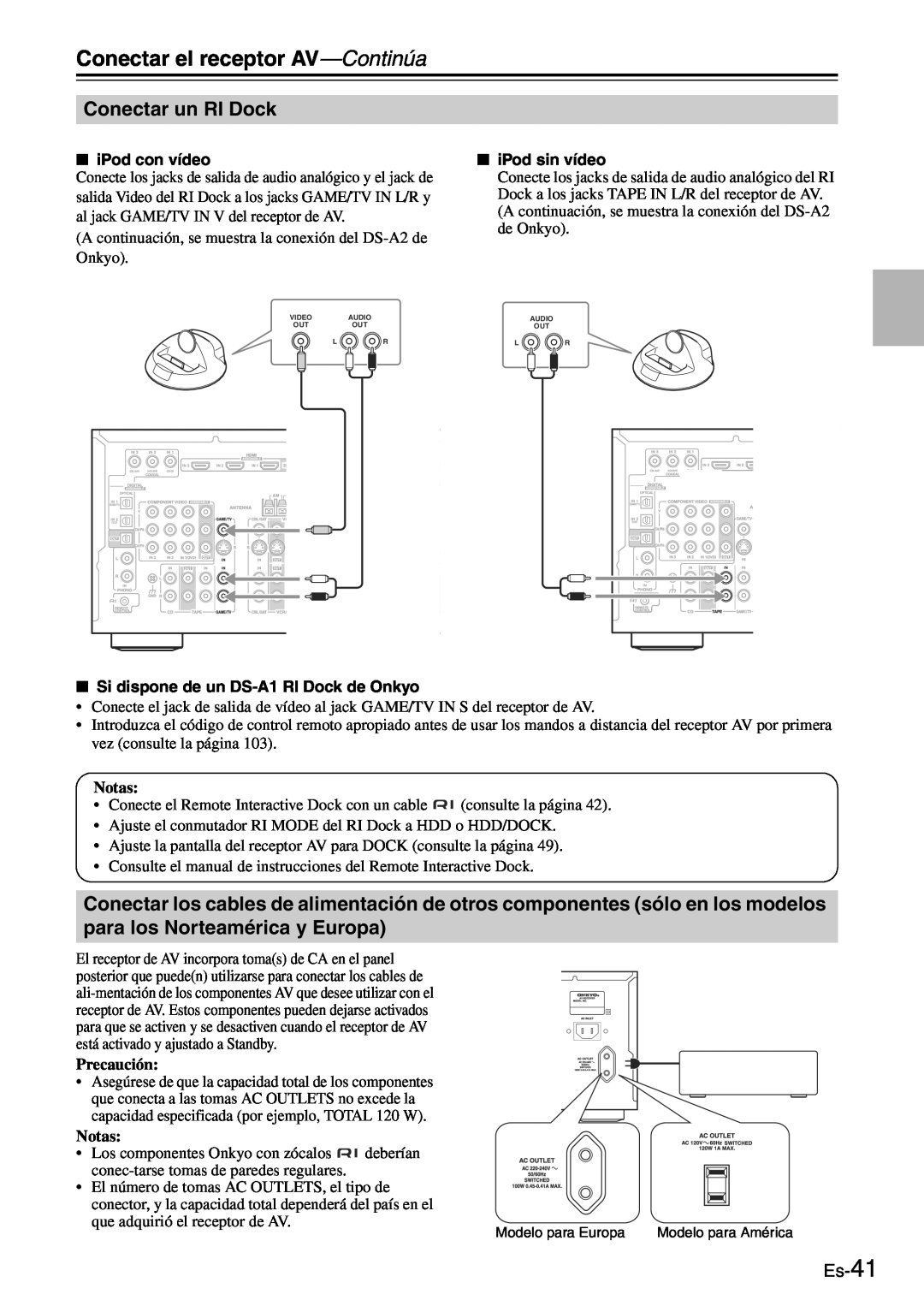 Onkyo TX-SR705 manual Conectar un RI Dock, Es-41, Conectar el receptor AV-Continúa, Notas, Precaución 