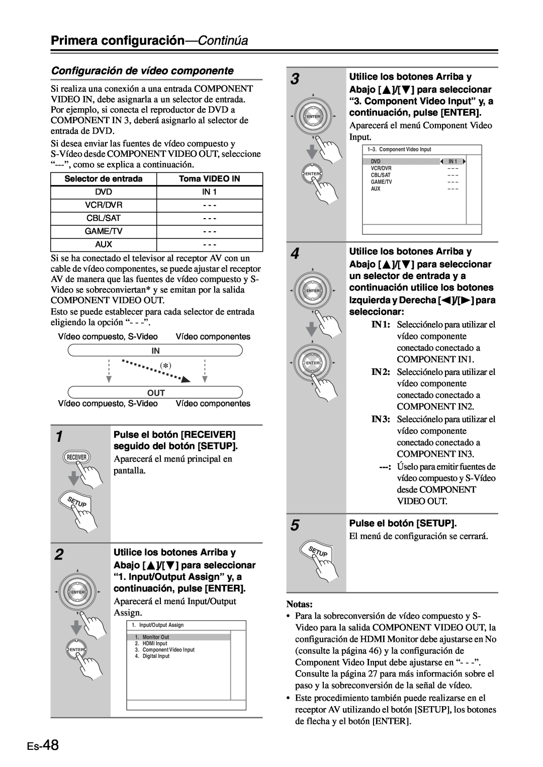 Onkyo TX-SR705 manual Configuración de vídeo componente, Es-48, Primera configuración—Continúa, Notas 