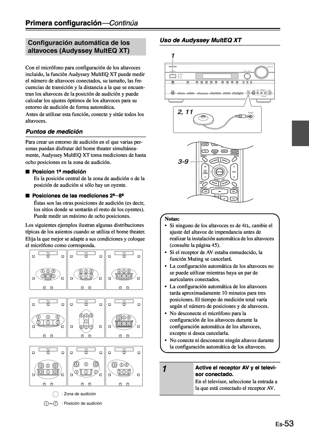 Onkyo TX-SR705 manual Puntos de medición, Uso de Audyssey MultEQ XT, Es-53, Primera configuración—Continúa 
