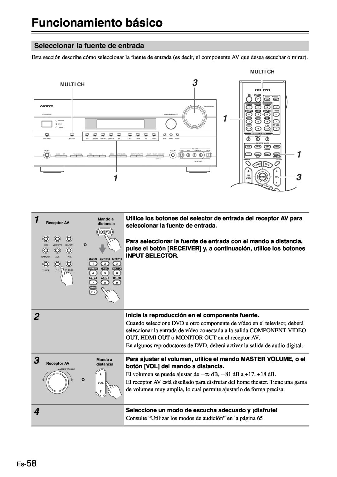 Onkyo TX-SR705 manual Funcionamiento básico, Seleccionar la fuente de entrada, Es-58 