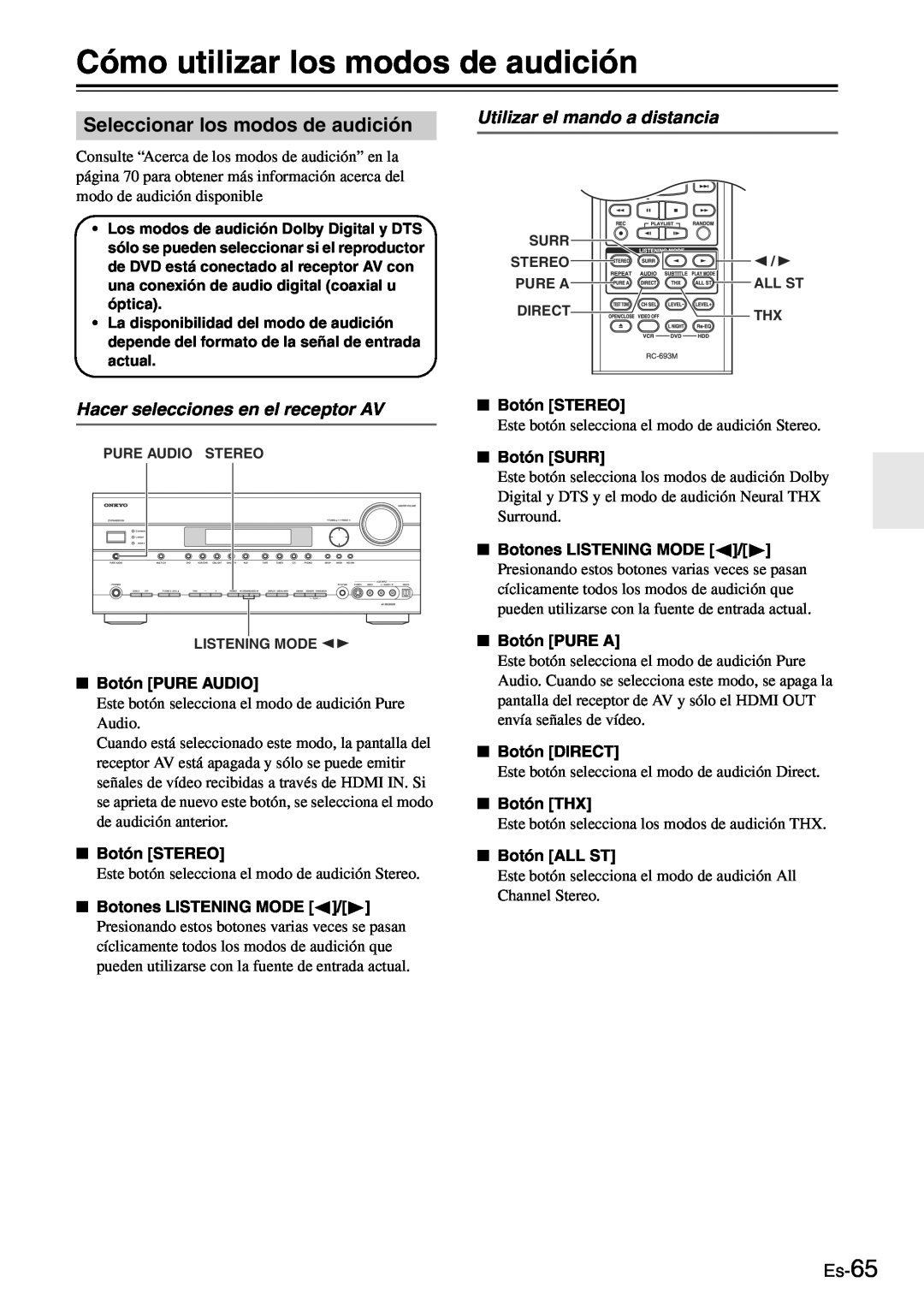 Onkyo TX-SR705 manual Cómo utilizar los modos de audición, Seleccionar los modos de audición, Utilizar el mando a distancia 