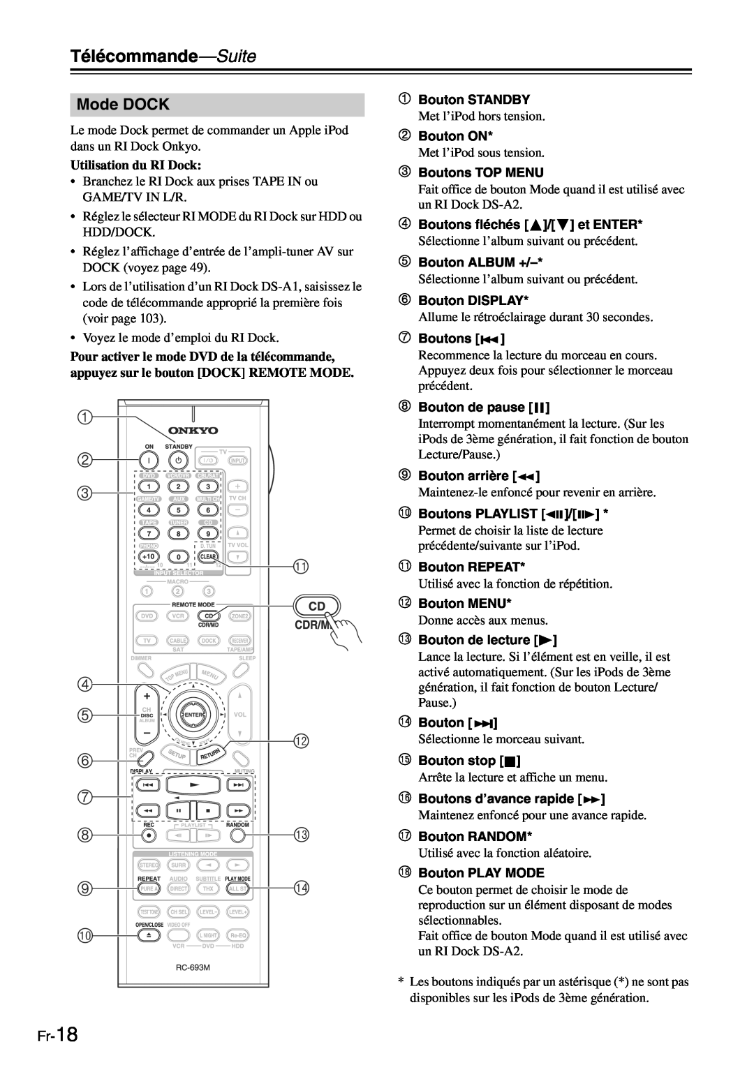 Onkyo TX-SR705 manual Mode DOCK, Fr-18 