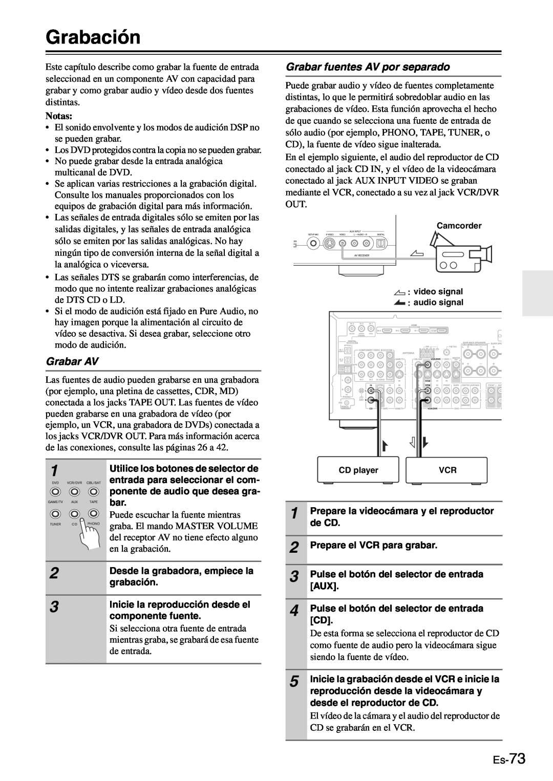 Onkyo TX-SR705 manual Grabación, Grabar AV, Grabar fuentes AV por separado, Es-73, Notas 