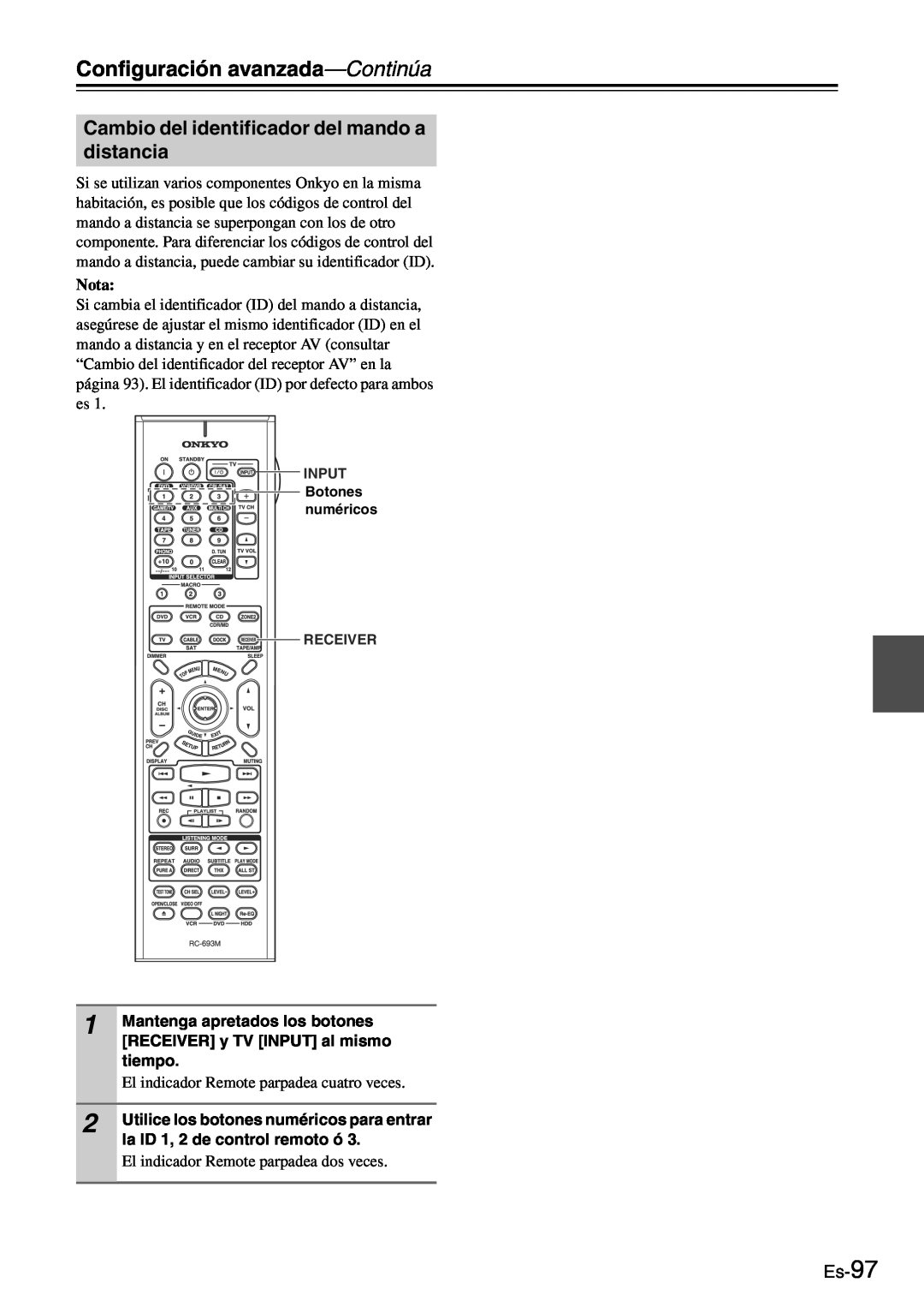 Onkyo TX-SR705 manual Cambio del identificador del mando a distancia, Es-97, Configuración avanzada—Continúa, Nota 