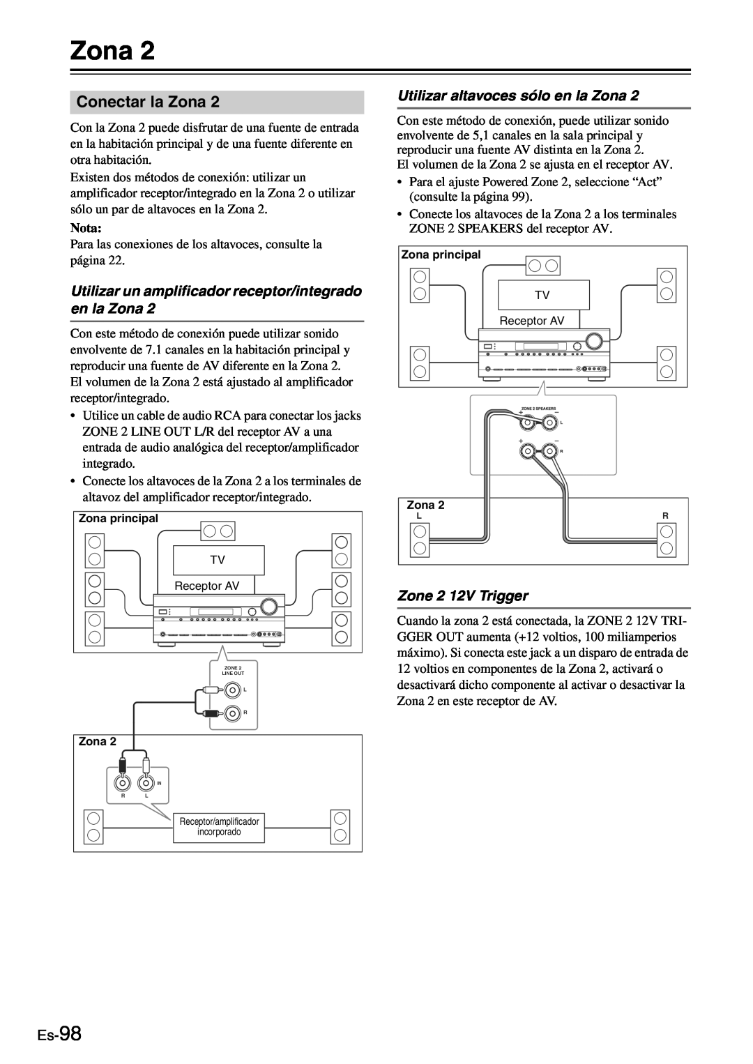 Onkyo TX-SR705 manual Conectar la Zona, Utilizar altavoces sólo en la Zona, Zone 2 12V Trigger, Es-98, Nota 