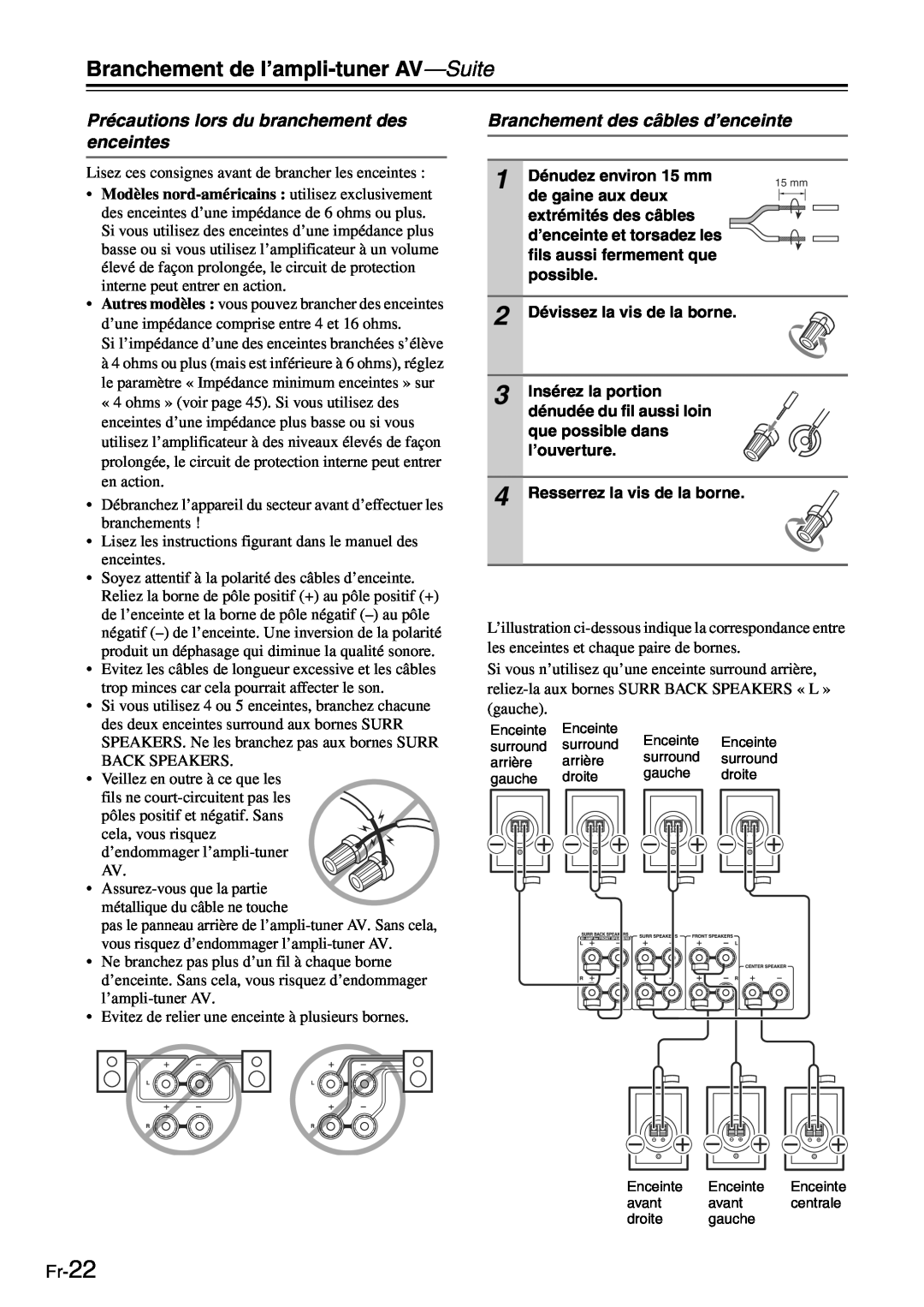 Onkyo TX-SR705 manual Précautions lors du branchement des enceintes, Branchement des câbles d’enceinte, Fr-22 