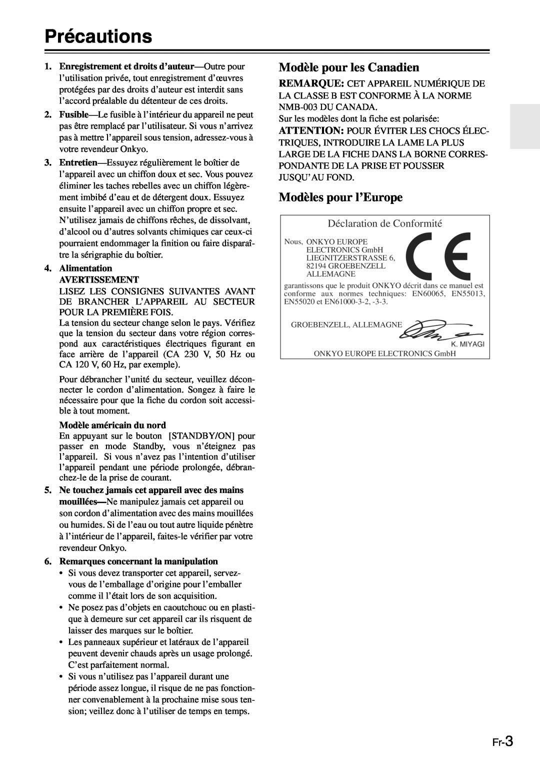 Onkyo TX-SR705 manual Précautions, Modèle pour les Canadien, Modèles pour l’Europe, Déclaration de Conformité, Fr-3 
