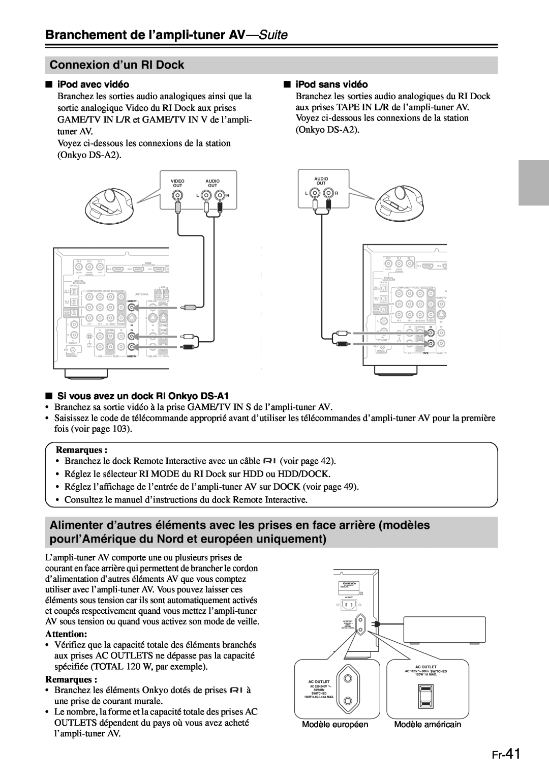 Onkyo TX-SR705 manual Connexion d’un RI Dock, Fr-41, Branchement de l’ampli-tuner AV—Suite, Remarques 