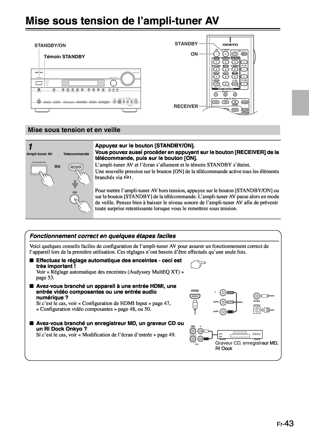 Onkyo TX-SR705 manual Mise sous tension de l’ampli-tunerAV, Mise sous tension et en veille, Fr-43 