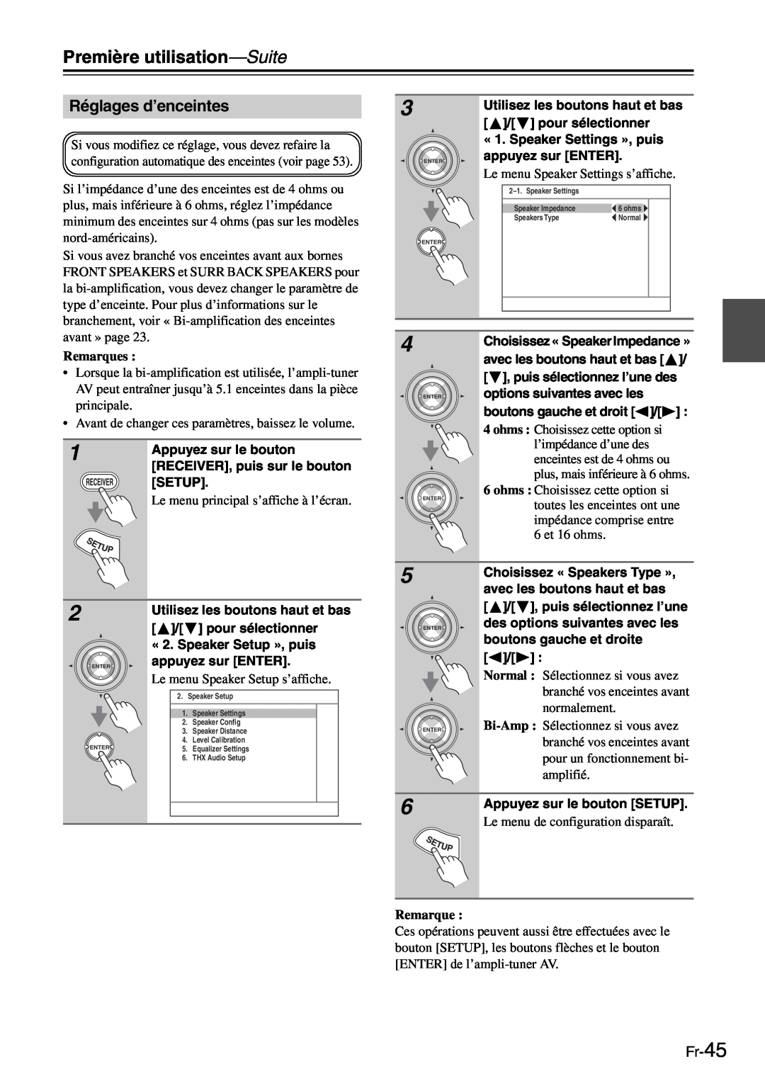 Onkyo TX-SR705 manual Première utilisation—Suite, Réglages d’enceintes, Fr-45, Remarques 