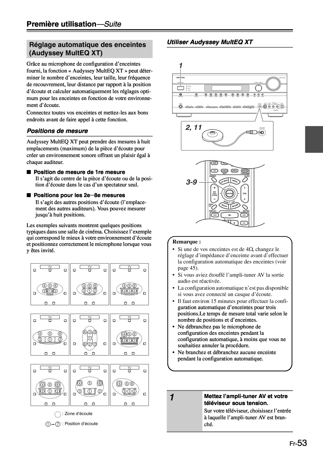 Onkyo TX-SR705 manual Positions de mesure, Utiliser Audyssey MultEQ XT, Fr-53, Première utilisation—Suite, Remarque 
