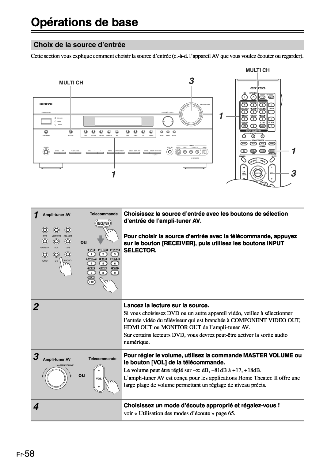 Onkyo TX-SR705 manual Opérations de base, Choix de la source d’entrée, Fr-58 