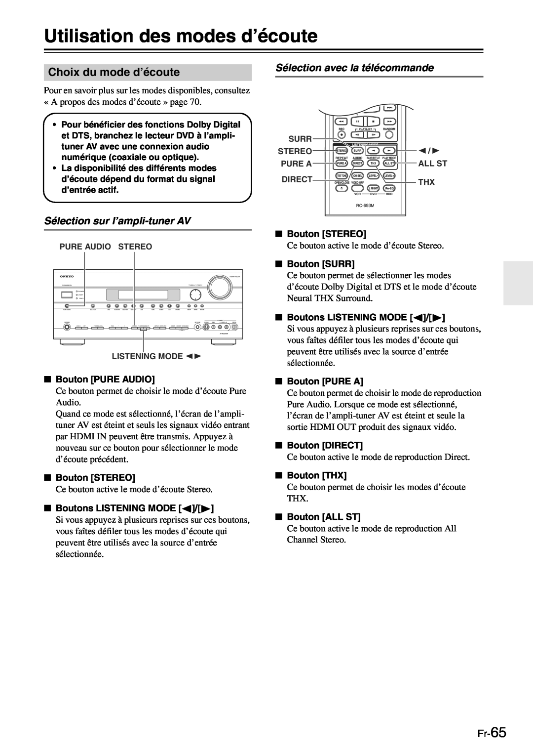 Onkyo TX-SR705 manual Utilisation des modes d’écoute, Choix du mode d’écoute, Sélection avec la télécommande, Fr-65 