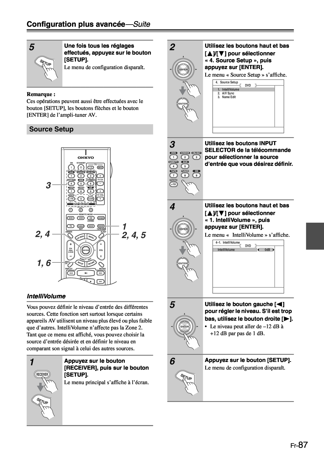 Onkyo TX-SR705 manual 2, 4, Source Setup, IntelliVolume, Fr-87, Configuration plus avancée—Suite, Remarque 