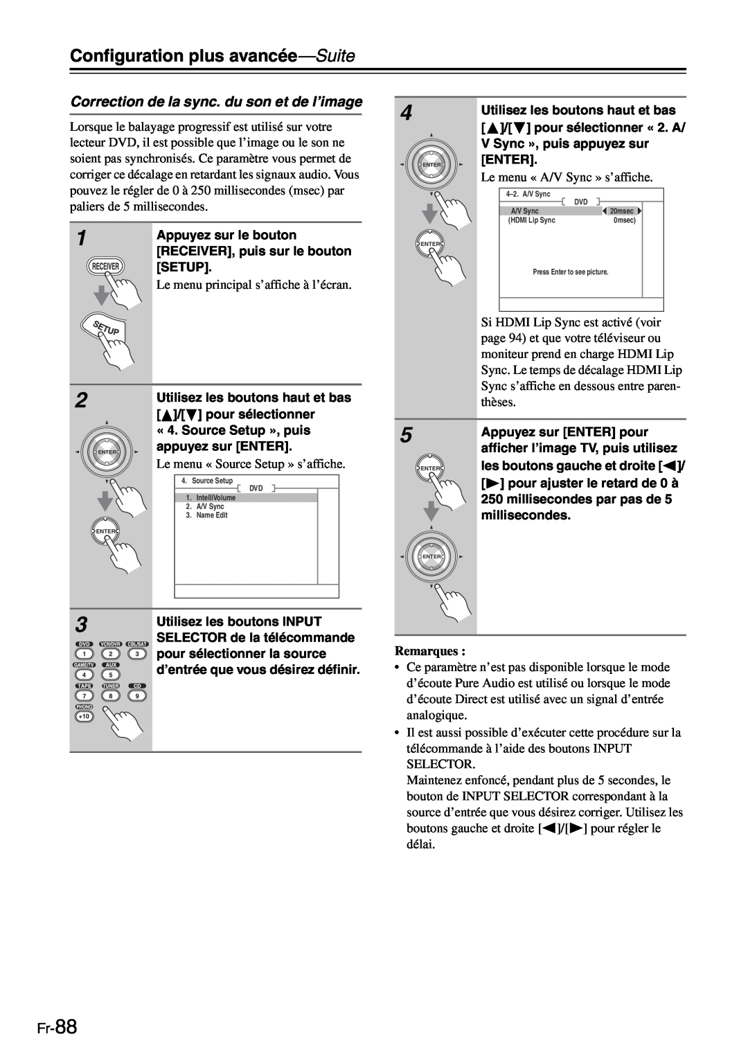 Onkyo TX-SR705 manual Correction de la sync. du son et de l’image, Fr-88, Configuration plus avancée—Suite, Remarques 