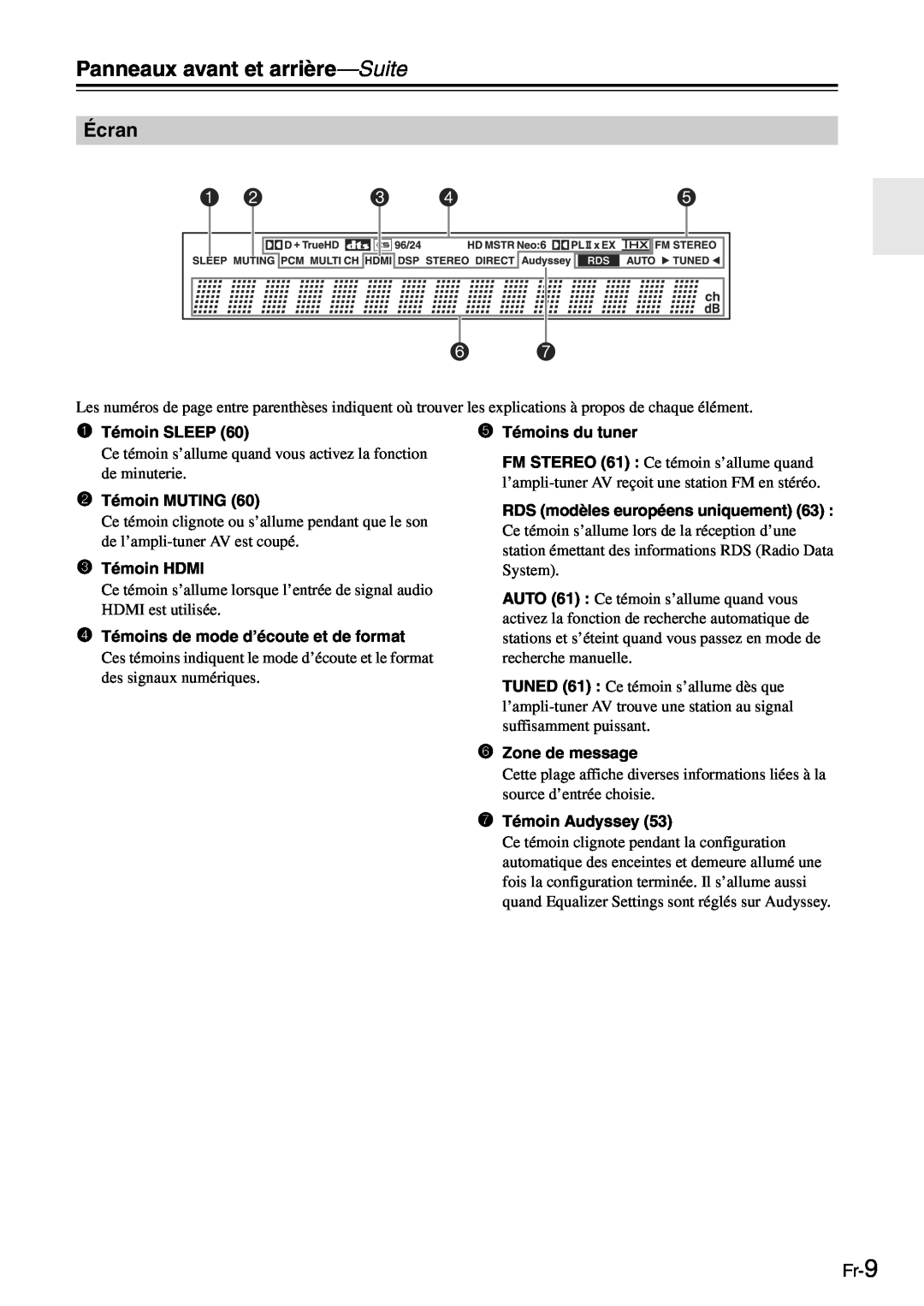 Onkyo TX-SR705 manual Écran, Fr-9, Panneaux avant et arrière-Suite 